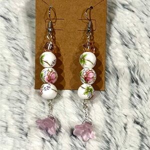 Floral Pink and White Dangle Silver Earrings
